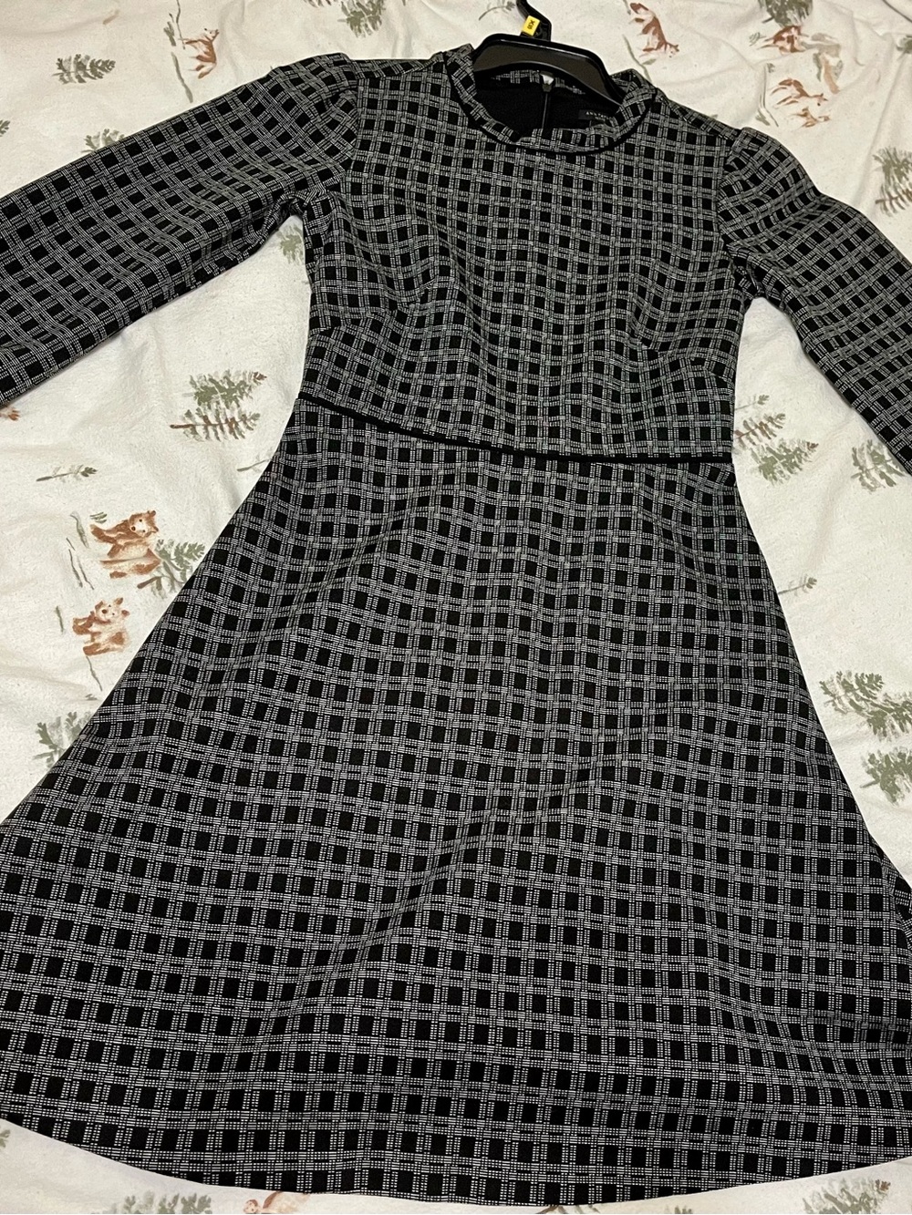 Ann Taylor Black and Gray Long Sleeve Fit-and-Flare Plaid Dress